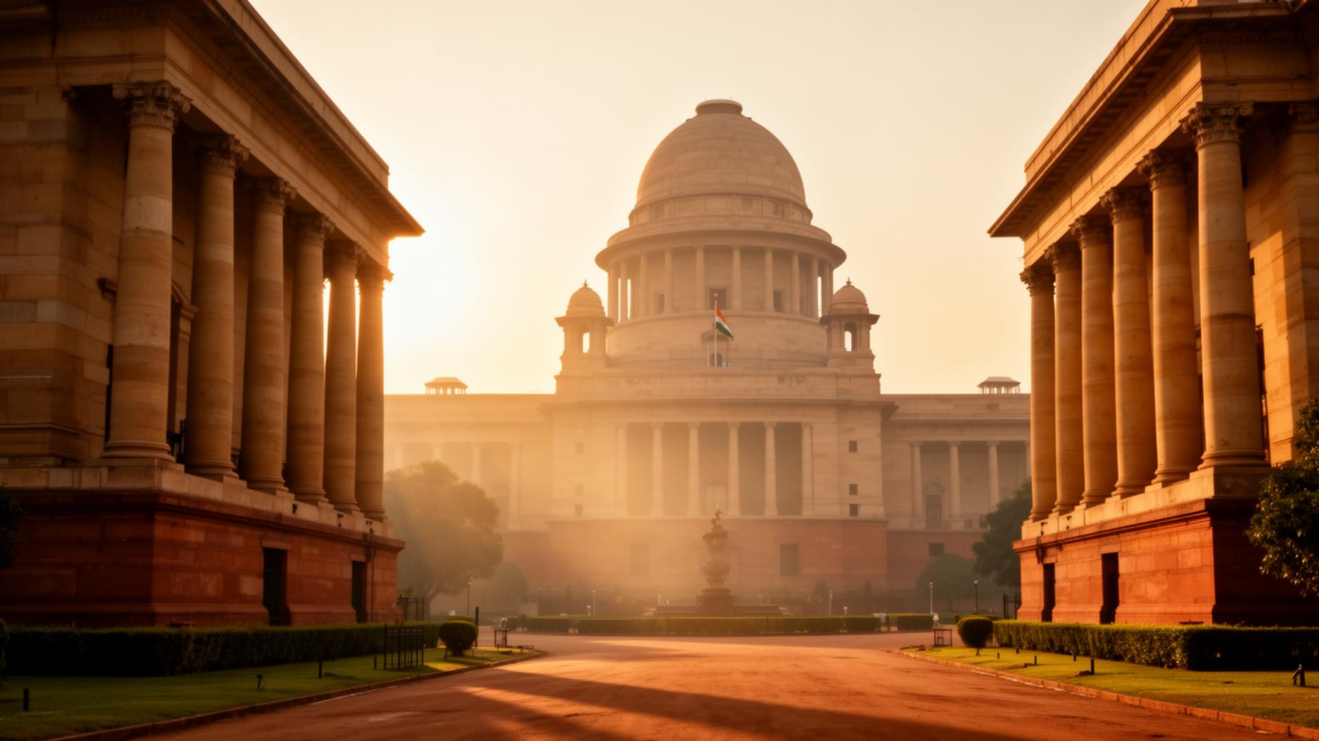 Symbolic governance architecture at golden hour